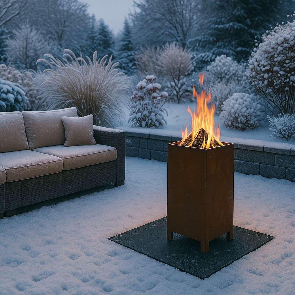 Feuertonne auf Terrasse mit Schnee