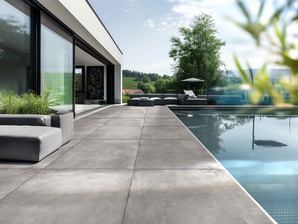 Verbundkeramik Ambientebild Concreto Verbundplatte am Pool