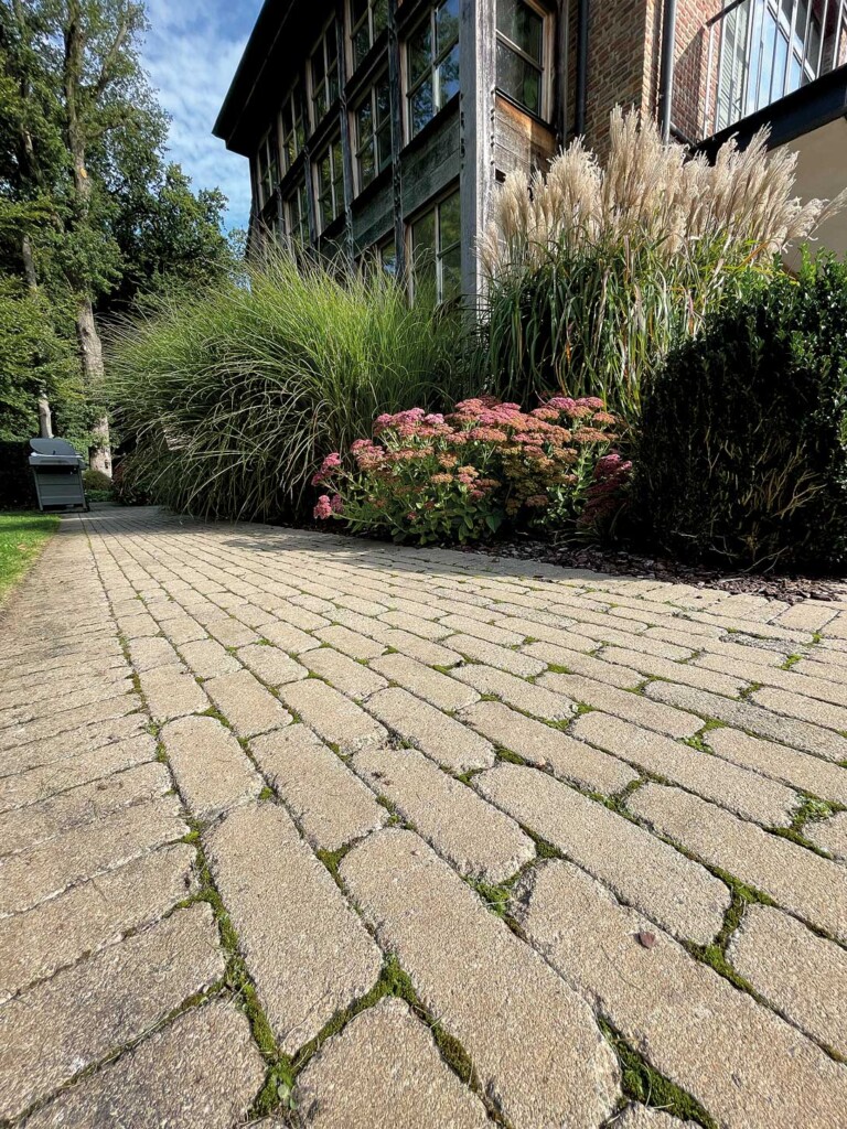 Antikpflaster Corda Antik Grau vor einem Haus mit Blumen