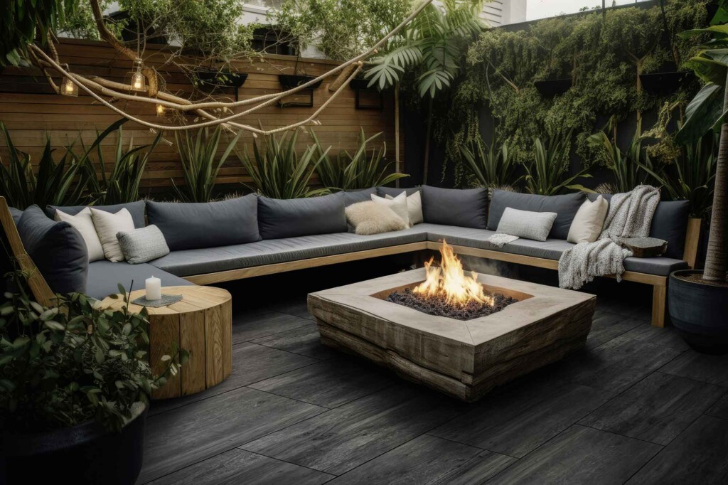 GerloKeramik Concreto Madera Grigio Terrassenplatte mit Feuerstelle und Sitzecke