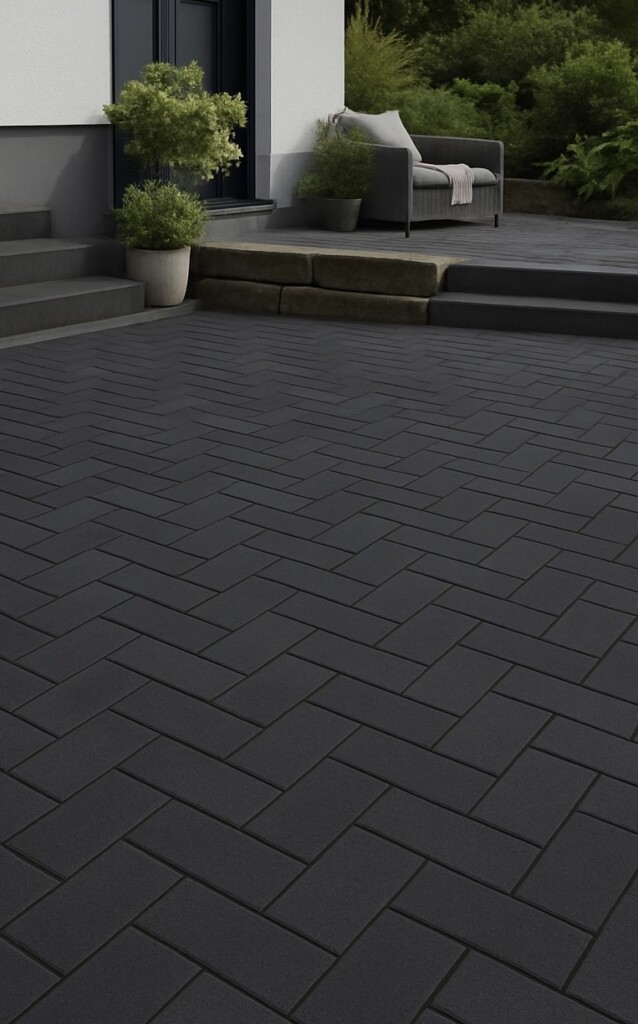 Pflastersteine Niedersachsen in Anthrazit vor einem Haus mit erhöhter Sitzecke