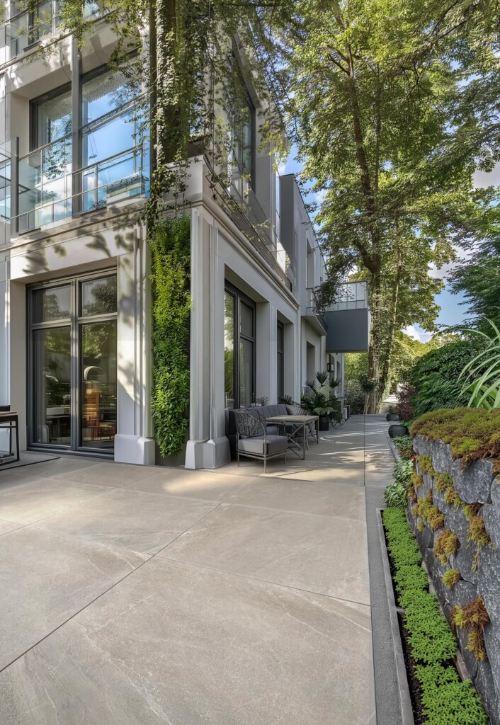 Terrassenplate Concreto Schiefer Greige_90x90x4 mit Uno Bruchsteinmauer Anthrazit