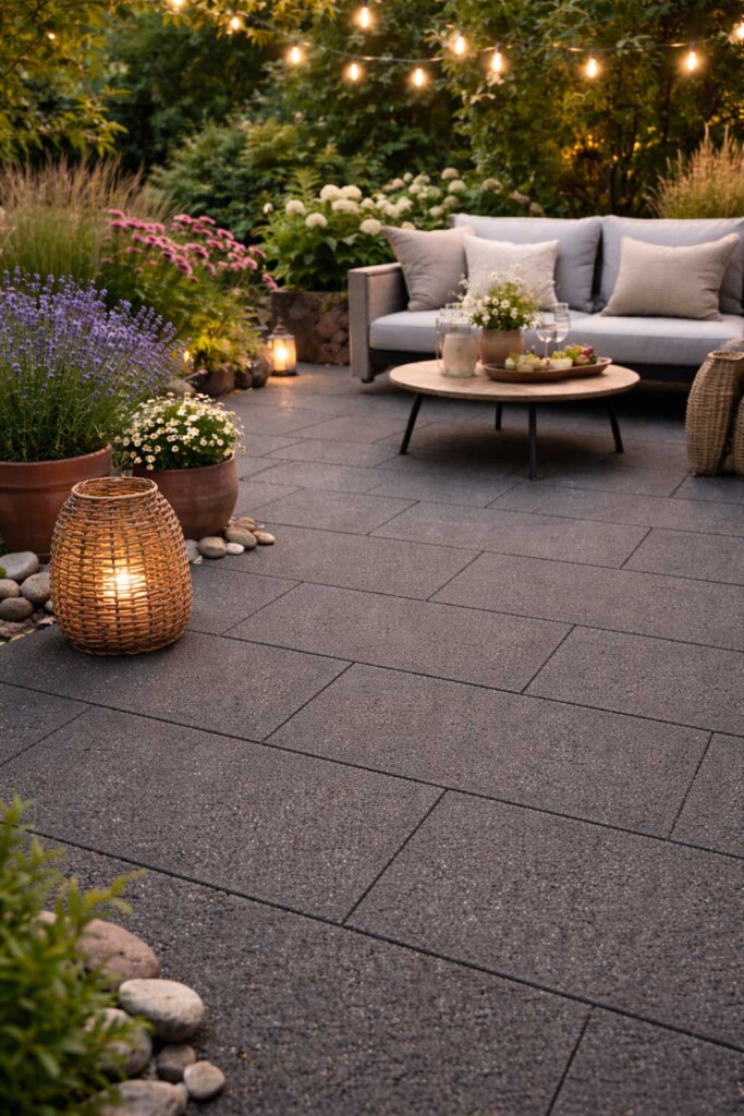 Terrassenplatten Natura Placa Nero mit Sitzecke